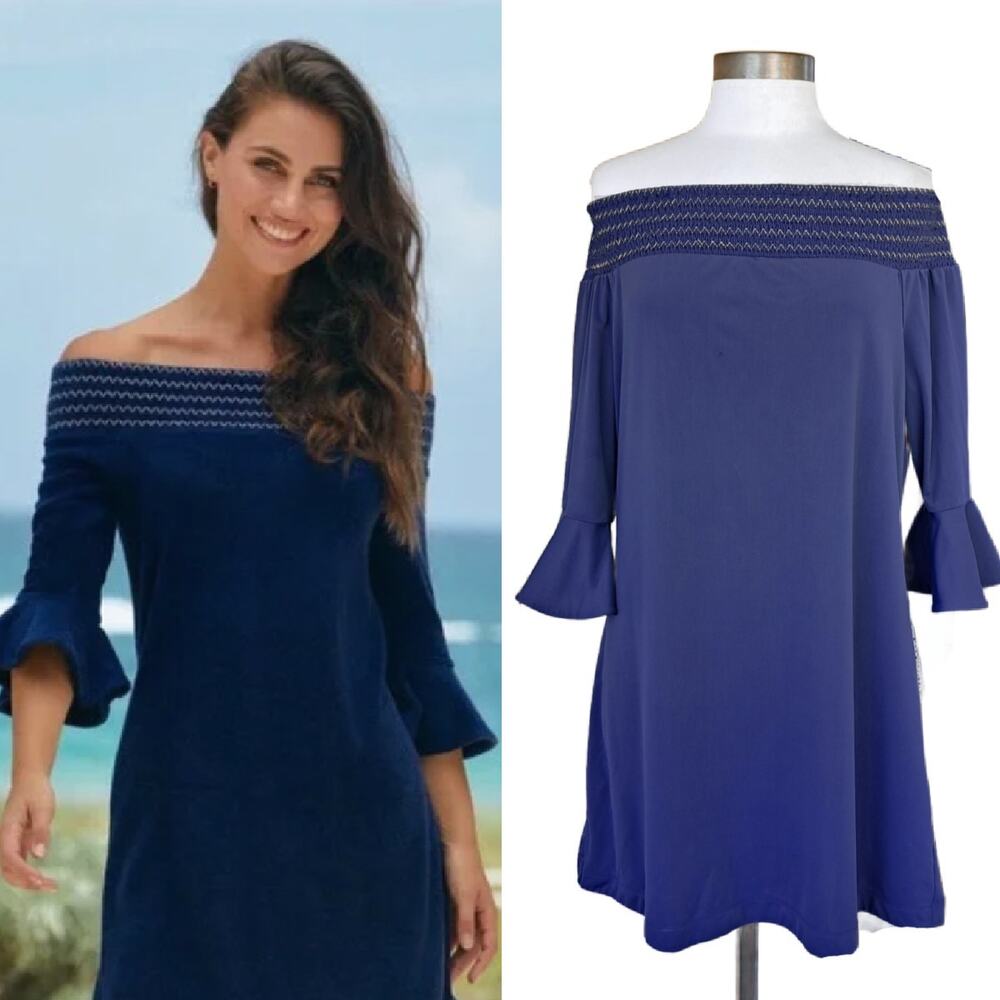 Cabana Life UPF 50+ Navy Blue Smocked Off the Shoulder Beach Dress Size Large